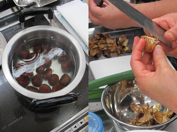 「中」のレシピ「中華風栗と鶏手羽の煮込み」作り。まずは栗の下準備から。熱湯につけてから皮をむくのがポイントです！