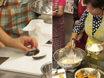 続いては、「天ぷら」の美味しい揚げ方！衣は、水に卵を割り入れ、いつもよりもシャバシャバくらいのイメージで。それぞれの食材にあった切り方、打ち粉の仕方などひとつひとつ丁寧に教えていただきました。