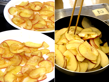 アップルローズパイはリンゴを薄くスライスして、グラニュー糖とレモン汁・バターで煮詰めます。