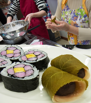 焼き上がった生地に餡をのせ、くるっと巻いて、仕上げに桜の葉を包んで完成！